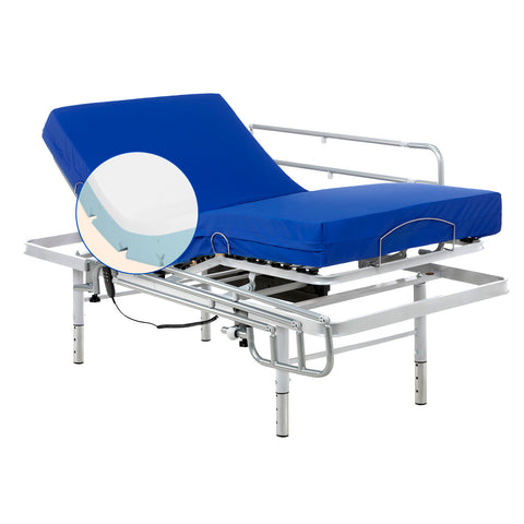 Cama articulada con patas regulables, colchón sanitario y barandillas