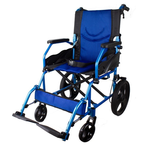Silla de ruedas plegable de aluminio y frenos en manetas color azul