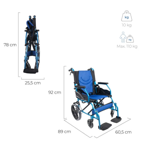 Silla de ruedas plegable de aluminio y frenos en manetas color azul